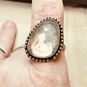 925 Sterling Silver Plated & Tourmalinated Quartz Glowing Pear Ring Adjustable